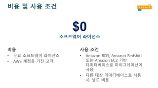 $0
소프트웨어 라이선스
비용 및 사용 조건
비용
• 무료 소프트웨어 라이선스
• AWS 계정을 가진 고객
사용 조건
• Amazon RDS, Amazon Redshift
또는 Amazon EC2 기반
데이터베이스로 마이그레이션에
사용
• 다른 대상 데이터베이스로 사용
시, 별도 비용
 