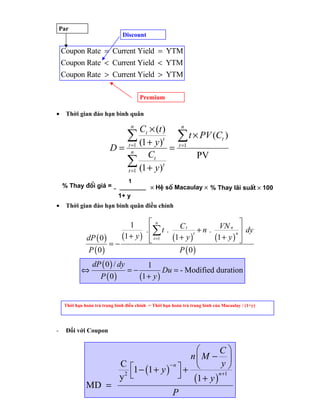 Par
                                Discount

    Coupon Rate = Current Yield = YTM
    Coupon Rate < Current Yield < YTM
    Coupon Rate > Current Yield > YTM

                                         Premium

•     Thời gian đáo hạn bình quân

                                   C × (t )
                                     n                       n

                              ∑ (1t+ y)t                   ∑ t × PV (C )        t
                          D = t =1          =               t =1
                                n
                                     Ct                             PV
                              ∑ (1 + y)t
                              t =1
                                   1
     % Thay ®æi gi¸ = -                       × HÖ sè Macaulay × % Thay l∙i suÊt × 100
                              1+ y
•     Thời gian đáo hạn bình quân điều chỉnh


                              1      ⎡ n    C t + n . VN n ⎤ dy
                           (1 + y ) ⎢∑ (1 + y )t
                                    .⎢ t .                   n⎥
               dP ( 0 )              ⎣ t =1          (1 + y ) ⎥
                                                              ⎦
                        =−
                P (0)                       P (0)
                  dP ( 0 ) / dy             1
             ⇔                     =−             Du = - Modified duration
                      P (0)              (1 + y )

     Thời hạn hoàn trả trung bình điều chỉnh = Thời hạn hoàn trả trung bình của Macaulay / (1+y)




-     Đối với Coupon


                                                     ⎛      C⎞
                                                    n⎜ M − ⎟
                               C⎡
                                   1 − (1 + y ) ⎤ + ⎝
                                               −n            y⎠
                               y2 ⎣               ⎦ (1 + y )n +1
               MD =
                                                 10     P
 