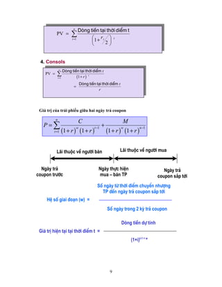 n
                             Dßng tiÒn t¹i thêi diÓm t
           PV =         ∑          ⎛1 + r t ⎞ t
                        t =1
                                   ⎜       2⎟
                                   ⎝        ⎠


 4. Consols
               ∞
                    Dßng tiÒn t¹i thêi diÓm t
    PV =   ∑   t =1         (1 + r ) t
                                 Dßng tiÒn t¹i thêi diÓm t
                         =
                                            r




 Giá trị của trái phiếu giữa hai ngày trả coupon

           n
                             C                               M
   P=∑                                           +
                   (1 + r ) (1 + r )                 (1 + r ) (1 + r )
                             w            t −1               w           n −1
         t =1




           L·i thuéc vÒ ng−êi b¸n                           L·i thuéc vÒ ng−êi mua


  Ngµy tr¶                                   Ngµy thùc hiÖn                         Ngµy tr¶
coupon tr−íc                                 mua – b¸n TP                        coupon s¾p tíi
                                            Sè ngµy tõ thêi ®iÓm chuyÓn nh−îng
                                              TP ®Õn ngµy tr¶ coupon s¾p tíi
     HÖ sè giai ®o¹n (w) =
                                                     Sè ngµy trong 2 kú tr¶ coupon

                                                             Dßng tiÒn dù tÝnh
 Gi¸ trÞ hiÖn t¹i t¹i thêi ®iÓm t =
                                                                 (1+i)t-1 + w




                                                      9
 