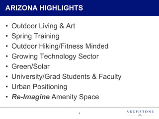 3
ARIZONA HIGHLIGHTS
•  Outdoor Living & Art
•  Spring Training
•  Outdoor Hiking/Fitness Minded
•  Growing Technology Sector
•  Green/Solar
•  University/Grad Students & Faculty
•  Urban Positioning
•  Re-Imagine Amenity Space
 