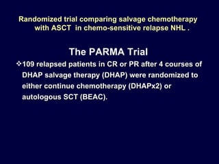 The PARMA Trial 109 relapsed patients in CR or PR after 4 courses of DHAP salvage therapy (DHAP) were randomized to either continue chemotherapy (DHAPx2) or autologous SCT (BEAC). Randomized trial comparing salvage chemotherapy  with ASCT  in chemo-sensitive relapse NHL . 