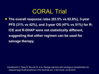 CORAL Trial The overall response rates (63.5% vs 62.8%), 3-year PFS (31% vs 42%), and 3-year OS (47% vs 51%) for R-ICE and R-DHAP were not statistically different, suggesting that either regimen can be used for salvage therapy.  Gisselbrecht C, Glass B, Mounier N, et al. Salvage regimens with autologous transplantation for relapsed large B-cell lymphoma in the rituximab era. J Clin Oncol. Jul 26 2010.  