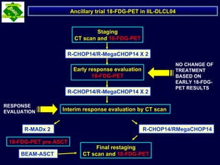 Ancillary trial 18-FDG-PET in IIL-DLCL04 Staging CT scan and   18-FDG-PET R-CHOP14/R-MegaCHOP14 X 2 R-CHOP14/R-MegaCHOP14 X 2 R-MADx 2  Final restaging CT scan and   18-FDG-PET Early response evaluation 18-FDG-PET Interim response evaluation by CT scan  R-CHOP14/RMegaCHOP14 18-FDG-PET pre ASCT BEAM-ASCT  RESPONSE EVALUATION NO CHANGE OF TREATMENT BASED ON EARLY 18-FDG-PET RESULTS 