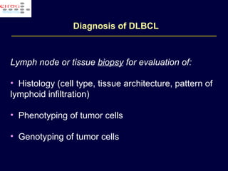 Diagnosis of DLBCL Lymph node or tissue  biopsy  for evaluation of: Histology (cell type, tissue architecture, pattern of lymphoid infiltration) Phenotyping of tumor cells Genotyping of tumor cells  