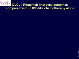 DLCL  : Rituximab improves outcomes compared with CHOP-like chemotherapy alone R-Chemo Chemo MInT 2 Overall survival British Columbia 3 Overall survival p  = 0.0001 p  < 0.0001 Overall survival GELA 1 p  = 0.0004 Failure-free survival ECOG 4 p  = 0.003 1.  J Clin Oncol  2007; 25:Abstract 8009; 2.  Lancet Oncol  2006; 7:379–391;3.  J Clin Oncol  2005; 23:5027–5033; 4.  J Clin Oncol  2006; 24:3121–3127; 5.  Lancet Oncol  2008; 9:105–116. 