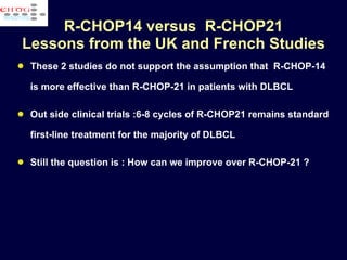 R-CHOP14 versus  R-CHOP21 Lessons from the UK and French Studies These 2 studies do not support the assumption that  R-CHOP-14 is more effective than R-CHOP-21 in patients with DLBCL Out side clinical trials :6-8 cycles of R-CHOP21 remains standard first-line treatment for the majority of DLBCL  Still the question is : How can we improve over R-CHOP-21 ?  