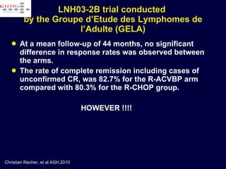 LNH03-2B trial conducted  by the Groupe d’Etude des Lymphomes de l’Adulte (GELA) At a mean follow-up of 44 months, no significant difference in response rates was observed between the arms.  The rate of complete remission including cases of unconfirmed CR, was 82.7% for the R-ACVBP arm compared with 80.3% for the R-CHOP group. HOWEVER !!!! Christian Recher, et al ASH,2010 