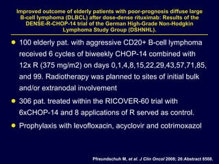 Improved outcome of elderly patients with poor-prognosis diffuse large B-cell lymphoma (DLBCL) after dose-dense rituximab: Results of the DENSE-R-CHOP-14 trial of the German High-Grade Non-Hodgkin Lymphoma Study Group (DSHNHL). 100 elderly pat. with aggressive CD20+ B-cell lymphoma received 6 cycles of biweekly CHOP-14 combined with 12x R (375 mg/m2) on days 0,1,4,8,15,22,29,43,57,71,85, and 99. Radiotherapy was planned to sites of initial bulk and/or extranodal involvement 306 pat. treated within the RICOVER-60 trial with 6xCHOP-14 and 8 applications of R served as control.  Prophylaxis with levofloxacin, acyclovir and cotrimoxazol  Pfreundschuh M,  et al. J Clin Oncol  2008; 26:Abstract 8508. 