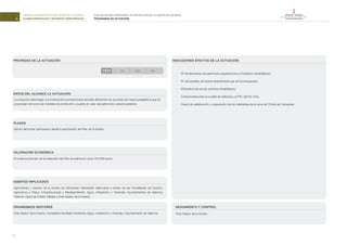 DEFINIR LA INFRAESTRUCTURA VERDE DE LA HUERTA
PLANES ESPECIALES Y ESTUDIOS TERRITORIALESA.
1.
PROGRAMAS DE ACTUACIÓN
PLAN DE ACCIÓN TERRITORIAL DE PROTECCIÓN DE LA HUERTA DE VALENCIA
DIRECCIÓN GENERAL DE TERRITORIO Y PAISAJE
20.
PLAZOS
DATOS DEL ALCANCE LA ACTUACIÓN
PRIORIDAD DE LA ACTUACIÓN
VALORACIÓN ECONÓMICA
AGENTES IMPLICADOS
ORGANISMOS GESTORES
MUY ALTA ALTA MEDIA BAJA
El coste económico de la redacción del Plan se estima en unos 125.000 euros.
Agricultores y vecinos de la Huerta de Campanar, Generalitat Valenciana a través de las Consellerias de Turismo,
Agricultura y Pesca, Infraestructuras y Medioambiente, Agua, Urbanismo y Vivienda), Ayuntamientos de Valencia,
Paterna, Quart de Poblet, Mislata y Ente Gestor de la Huerta.
INDICADORES EFECTOS DE LA ACTUACIÓN
Ente Gestor de la Huerta.
- Nº de elementos de patrimonio arquitectónico e hidráulico rehabilitados.
- Nº de parcelas de Huerta abandonada que se ha recuperado.
- Kilómetros de red de caminos rehabilitados.
- Conectividad entre la ciudad de Valencia y el P.N. del Riu Turia.
- Grado de satisfacción y cooperación de los habitantes de la zona de l’Horta de Campanar.
Ente Gestor de la Huerta, Conselleria de Medio Ambiente, Agua, Urbanismo y Vivienda y Ayuntamiento de Valencia.
La actuación debe llegar a la ordenación pormenorizada del área deﬁniendo las acciones de mejora paisajística que se
propongan así como las medidas de protección y puesta en valor del património cultural existente.
Dentro del primer quinquenio desde la aprobación del Plan de la Huerta.
SEGUIMIENTO Y CONTROL
 