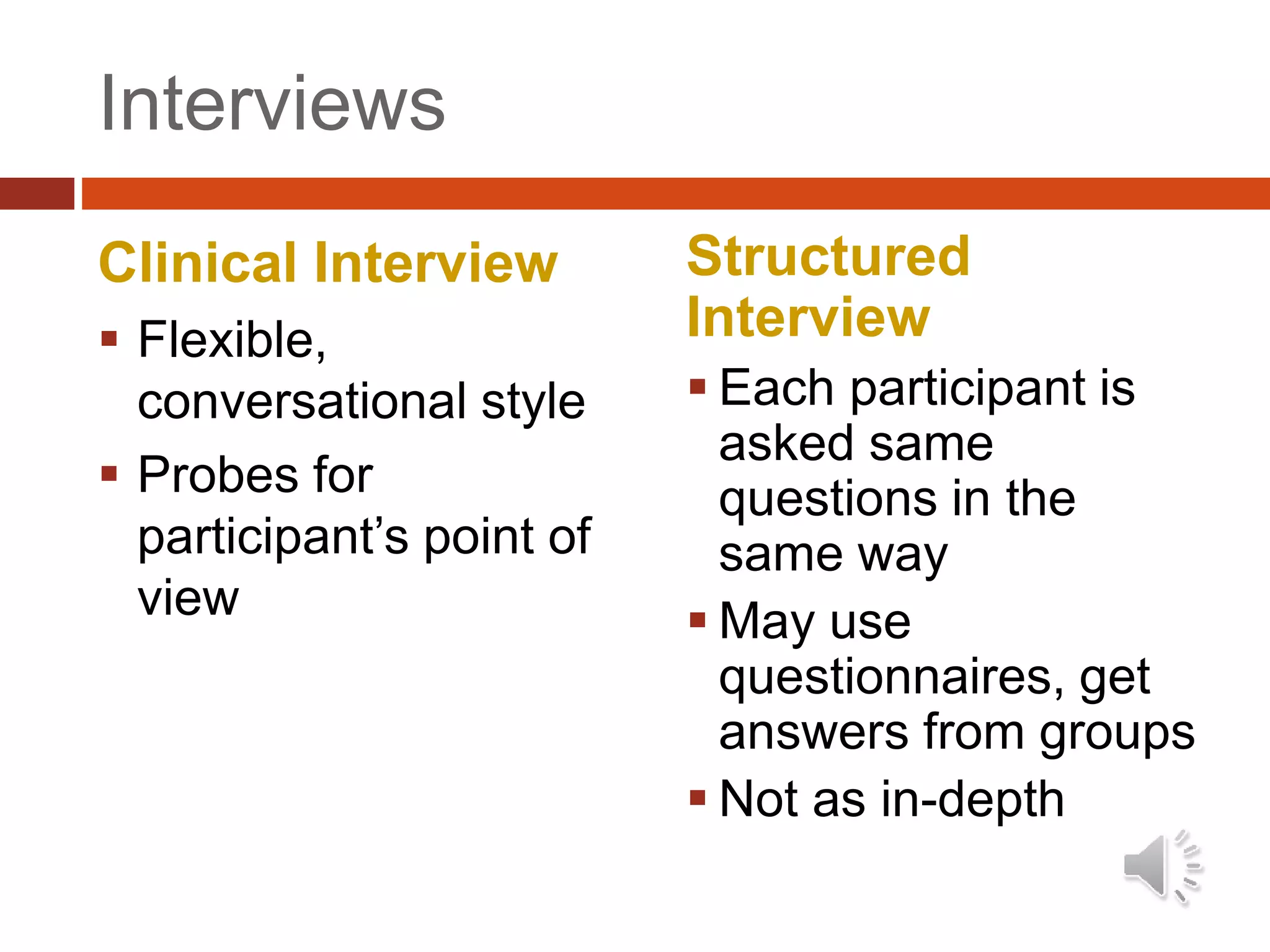 Interviews
Clinical Interview
 Flexible,
conversational style
 Probes for
participant’s point of
view
Structured
Interview
 Each participant is
asked same
questions in the
same way
 May use
questionnaires, get
answers from groups
 Not as in-depth
 