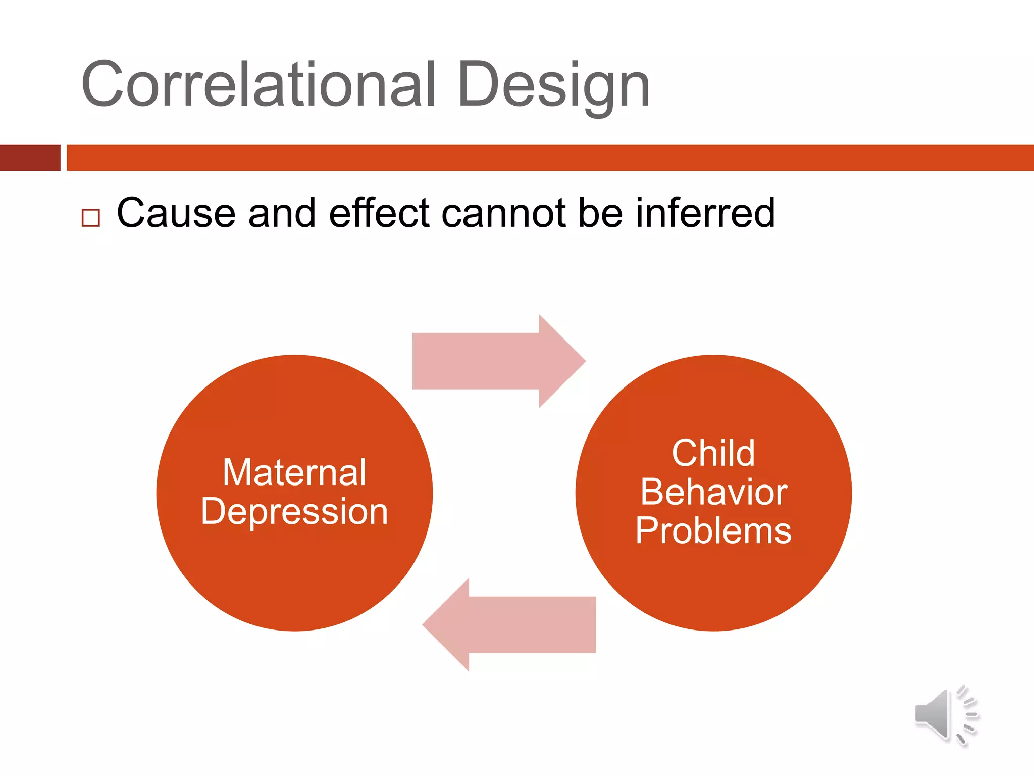 Correlational Design
 Cause and effect cannot be inferred
Maternal
Depression
Child
Behavior
Problems
 