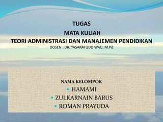 TUGAS
MATA KULIAH
TEORI ADMINISTRASI DAN MANAJEMEN PENDIDIKAN
DOSEN : DR. YASARATODO WAU, M.Pd
NAMA KELOMPOK
 HAMAMI
 ZULKARNAIN BARUS
 ROMAN PRAYUDA
 