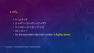 1. 𝟏𝟐𝟕𝟖
• n = 3, b = 8
• 1 × 82 + 2 × 81 + 7 × 80
• 1 × 64 + 2 × 8 + 7 × 1
• 64 + 16 + 7
• So the equivalent decimal number is Eighty Seven
Example 1.c - Octal Number System, Positional Values
 