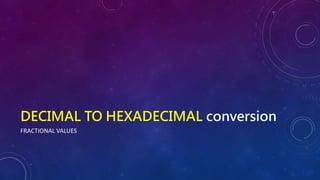 DECIMAL TO HEXADECIMAL conversion
FRACTIONAL VALUES
 