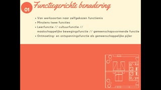 Functiegerichte benadering
• Van werksoorten naar zelfgekozen functiemix
• Minstens twee functies
• Leerfunctie // cultuurfunctie // maatschappelijke bewegingsfunctie //
gemeenschapsvormende functie
• Ontmoeting- en ontspanningsfunctie als gemeenschappelijke pijler
• (zie bijlage)
 