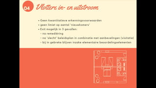 Vlottere in- en uitstroom (kwalitatieve
benadering)
• Geen kwantitatieve erkenningsvoorwaarden
• Geen limiet op aantal ‘nieuwkomers’
• Exit na negatieve beoordeelde remediëring of beleidsplan
 