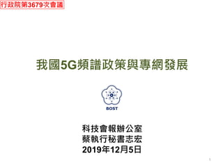 我國5G頻譜政策與專網發展
1
科技會報辦公室
蔡執行秘書志宏
2019年12月5日
行政院第3679次會議
 