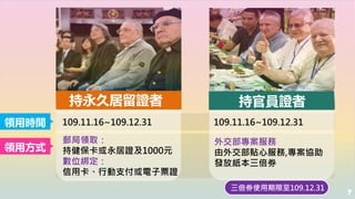 7
領用時間
領用方式
持永久居留證者 持官員證者
109.11.16~109.12.31
郵局領取：
持健保卡或永居證及1000元
數位綁定：
信用卡、行動支付或電子票證
109.11.16~109.12.31
外交部專案服務
由外交部貼心服務,專案協助
發放紙本三倍券
三倍券使用期限至109.12.31
 