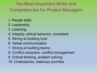 Ten Most Important Skills and
Competencies for Project Managers
1. People skills
2. Leadership
3. Listening
4. Integrity, ethical behavior, consistent
5. Strong at building trust
6. Verbal communication
7. Strong at building teams
8. Conflict resolution, conflict management
9. Critical thinking, problem solving
10. Understands, balances priorities
 