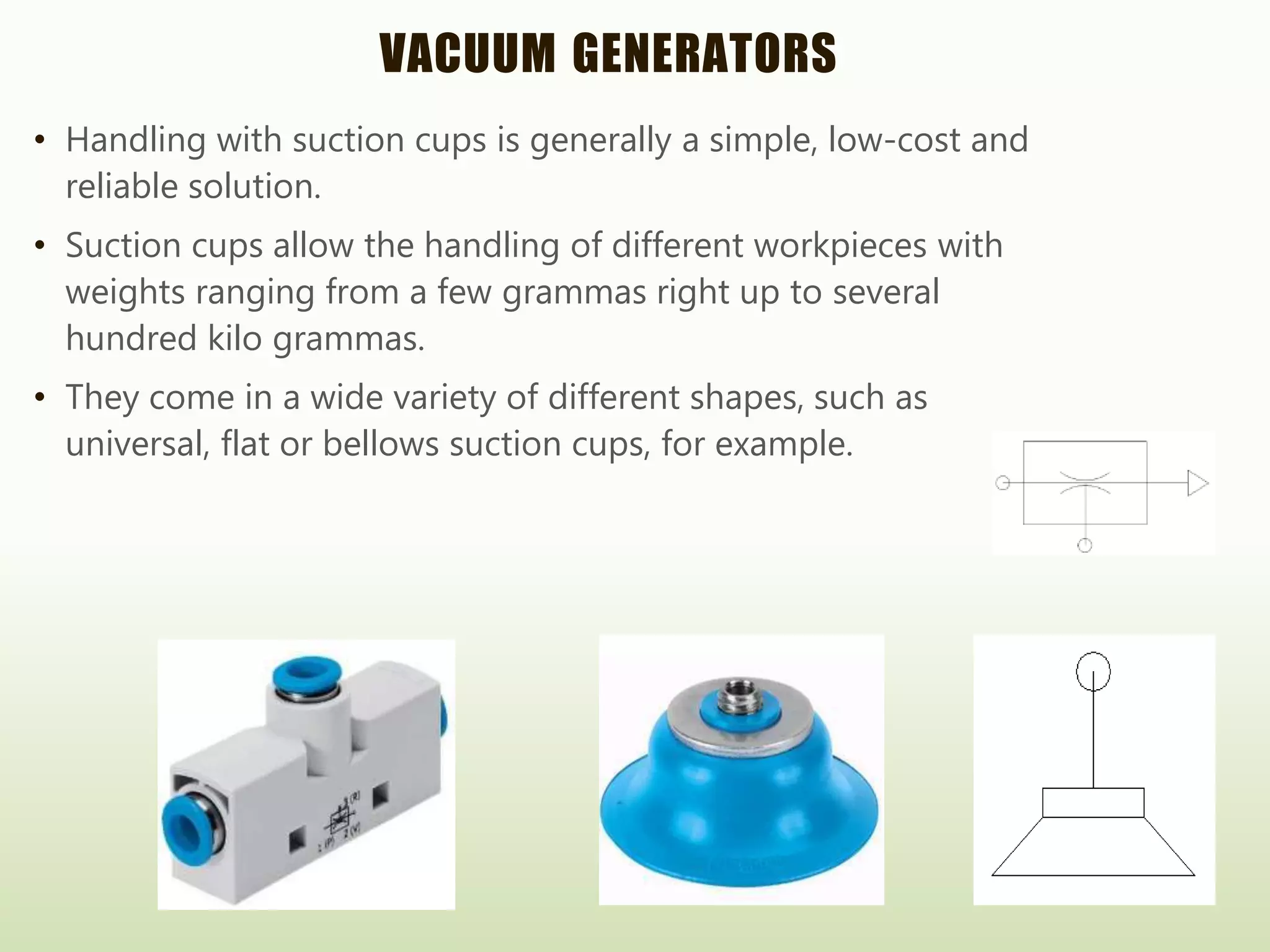 VACUUM GENERATORS
• Handling with suction cups is generally a simple, low-cost and
reliable solution.
• Suction cups allow the handling of different workpieces with
weights ranging from a few grammas right up to several
hundred kilo grammas.
• They come in a wide variety of different shapes, such as
universal, flat or bellows suction cups, for example.
 