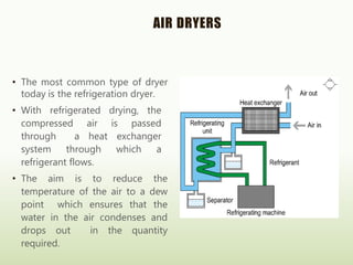 AIR DRYERS
• The most common type of dryer
today is the refrigeration dryer.
• With refrigerated drying, the
compressed air is passed
through a heat exchanger
system through which a
refrigerant flows.
• The aim is to reduce the
temperature of the air to a dew
point which ensures that the
water in the air condenses and
drops out in the quantity
required.
 