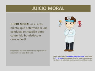 JUICIO MORAL
JUICIO MORAL es el acto
mental que determina si una
conducta o situación tiene
contenido bondadoso o
carece de él
Responde a una serie de normas y reglas que se
adquieren a lo largo de la vida.
Según Jean Piaget la etapa del desarrollo moral inicia entre
los 5 y 10 años y se crea a partir de las reglas impuestas por
las figuras de autoridad: padres, maestros, cuidadores etc.
 