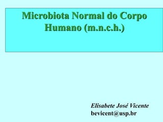 Microbiota Normal do Corpo
Humano (m.n.c.h.)
Elisabete José Vicente
bevicent@usp.br
 