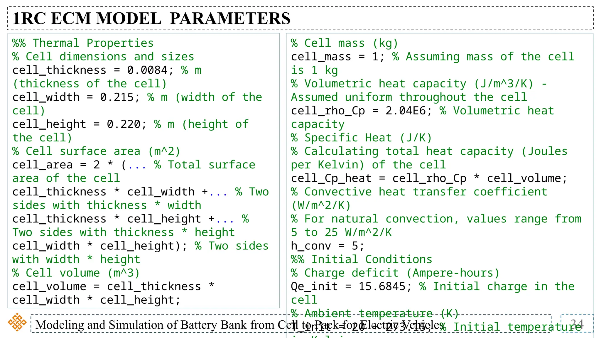 Modeling and Simulation of Battery Bank from Cell to Pack for Electric Vehicles 34
1RC ECM MODEL PARAMETERS
%% Thermal Properties
% Cell dimensions and sizes
cell_thickness = 0.0084; % m
(thickness of the cell)
cell_width = 0.215; % m (width of the
cell)
cell_height = 0.220; % m (height of
the cell)
% Cell surface area (m^2)
cell_area = 2 * (... % Total surface
area of the cell
cell_thickness * cell_width +... % Two
sides with thickness * width
cell_thickness * cell_height +... %
Two sides with thickness * height
cell_width * cell_height); % Two sides
with width * height
% Cell volume (m^3)
cell_volume = cell_thickness *
cell_width * cell_height;
% Cell mass (kg)
cell_mass = 1; % Assuming mass of the cell
is 1 kg
% Volumetric heat capacity (J/m^3/K) -
Assumed uniform throughout the cell
cell_rho_Cp = 2.04E6; % Volumetric heat
capacity
% Specific Heat (J/K)
% Calculating total heat capacity (Joules
per Kelvin) of the cell
cell_Cp_heat = cell_rho_Cp * cell_volume;
% Convective heat transfer coefficient
(W/m^2/K)
% For natural convection, values range from
5 to 25 W/m^2/K
h_conv = 5;
%% Initial Conditions
% Charge deficit (Ampere-hours)
Qe_init = 15.6845; % Initial charge in the
cell
% Ambient temperature (K)
T_init = 20 + 273.15; % Initial temperature
 