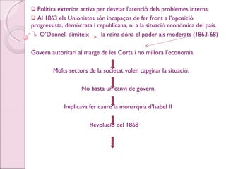 Política exterior activa per desviar l’atenció dels problemes interns. Al 1863 els Unionistes són incapaços de fer front a l’oposició progressista, demòcrata i republicana, ni a la situació econòmica del país. O’Donnell dimiteix  la reina dóna el poder als moderats (1863-68) Govern autoritari al marge de les Corts i no millora l’economia. Molts sectors de la societat volen capgirar la situació. No basta un canvi de govern. Implicava fer caure la monarquia d’Isabel II   Revolució del 1868 