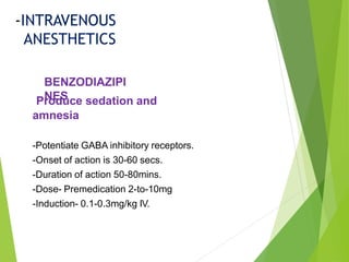 Produce sedation and
amnesia
-Potentiate GABA inhibitory receptors.
-Onset of action is 30-60 secs.
-Duration of action 50-80mins.
-Dose- Premedication 2-to-10mg
-Induction- 0.1-0.3mg/kg IV.
BENZODIAZIPI
NES
-INTRAVENOUS
ANESTHETICS
 