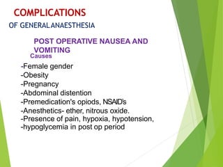-Female gender
-Obesity
-Pregnancy
-Abdominal distention
-Premedication's opiods, NSAID’s
-Anesthetics- ether, nitrous oxide.
-Presence of pain, hypoxia, hypotension,
-hypoglycemia in post op period
COMPLICATIONS
OF GENERALANAESTHESIA
POST OPERATIVE NAUSEA AND
VOMITING
Causes
 