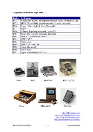 Algunos ordenadores populares...

Fecha      Ordenador
1973       Alto (Xerox PARC: PC experimental con ratón, Ethernet y GUI)
1975       MITS Altair 8800 (primer ordenador personal comercial)
1976       Apple I (Steve Jobs & Steve Wozniak)
1977       Apple II
1980       Osborne 1 (primer ordenador “portátil”)
1981       Xerox Star (versión comercial del Alto)
1981       IBM PC (arquitectura abierta)
1983       IBM PC-XT
1983       Apple Lisa
1984       IBM PC-AT (80286)
1984       Apple Macintosh
1988       Apple Next
1993       Apple Newton (primer PDA)




   Altair                Alto      Osborne 1              IBM PC-XT




        Apple I                 Macintosh                   Newton


                                                         http://oldcomputers.net/
                                               http://www.theoldcomputer.com/
                                                 http://www.old-computers.com/
                                               http://www.computer.org/history/


Historia de la Informática          - 13 -                     © Fernando Berzal
 