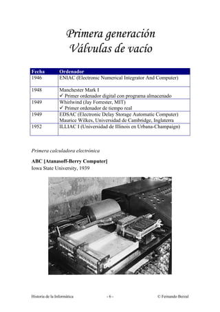 Primera generación
                     Válvulas de vacío
Fecha            Ordenador
1946             ENIAC (Electronic Numerical Integrator And Computer)

1948             Manchester Mark I
                 ü Primer ordenador digital con programa almacenado
1949             Whirlwind (Jay Forrester, MIT)
                 ü Primer ordenador de tiempo real
1949             EDSAC (Electronic Delay Storage Automatic Computer)
                 Maurice Wilkes, Universidad de Cambridge, Inglaterra
1952             ILLIAC I (Universidad de Illinois en Urbana-Champaign)



Primera calculadora electrónica

ABC [Atanasoff-Berry Computer]
Iowa State University, 1939




Historia de la Informática            -6-                   © Fernando Berzal
 