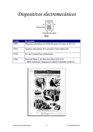 Dispositivos electromecánicos


                                     Relé

Fecha            Invención
1889             Máquina tabuladota de Hollerith para el Censo de EE.UU

1914             Ajedrez automático de Leonardo Torres Quevedo

1938             Z1, de Conrad Zuse (Alemania)

1944             Harvard Mark I, de Howard Aiken (EE.UU)
                 = IBM Automatic Sequence Control Calculator [ASCC]




Historia de la Informática            -5-                    © Fernando Berzal
 