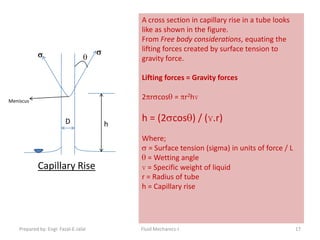 A cross section in capillary rise in a tube looks
                                           like as shown in the figure.
                                           From Free body considerations, equating the
                                           lifting forces created by surface tension to
                                           gravity force.

                                           Lifting forces = Gravity forces

Meniscus
                                           2 r cos = r2hɣ


                          D            h
                                           h = (2 cos ) / (ɣ.r)
                                           Where;
                                              = Surface tension (sigma) in units of force / L
                                             = Wetting angle
             Capillary Rise                ɣ = Specific weight of liquid
                                           r = Radius of tube
                                           h = Capillary rise




    Prepared by: Engr. Fazal-E-Jalal       Fluid Mechanics-I                                    17
 