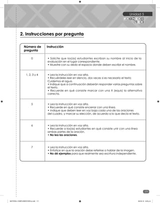 Unidad 5
171
Unidad 5
Número de
pregunta
Instrucción
1, 2, 3 y 4 • Lea la instrucción en voz alta.
• Recuérdeles leer en silencio, dos veces si es necesario el texto
Cuidemos el agua.
• Indique que a continuación deberán responder varias preguntas sobre
el texto.
• Recuerde en qué consiste marcar con una X (equis) la alternativa
correcta.
2. Instrucciones por pregunta
• Lea la instrucción en voz alta.
• Recuerde en qué consiste encerrar con una línea.
• Indique que deben leer en voz baja cada una de las oraciones
del cuadro, y marcar su elección, de acuerdo a lo que decía el texto.
5
6 • Lea la instrucción en voz alta.
• Recuerde a los(as) estudiantes en qué consiste unir con una línea
ambas partes de la oración.
• No lea las oraciones.
0 • Solicite que los(as) estudiantes escriban su nombre al inicio de la
evaluación en el lugar correspondiente.
• Muestre con su dedo el espacio donde deben escribir el nombre.
7
•
• Lea la instrucción en voz alta.
• Enfatice en que la oración debe referirse o hablar de la imagen.
No dé ejemplos para que realmente sea escritura independiente.
Cuadernillo de evaluaciones
MATERIAL COMPLEMENTARIO-p.indb 171 09-05-19 5:28 p.m.
 