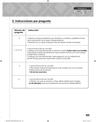 Unidad 6
185
Unidad 6
Cuadernillo de evaluaciones
2. Instrucciones por pregunta
Número de
pregunta
Instrucción
0
1, 2, 3, y 4
• Lea la instrucción en voz alta.
• Indique a los estudiantes leer en silencio el texto Postre mote con huesillos.
• Recuerde a los(as) estudiantes en qué consiste marcar con una X (equis)
la alternativa correcta.
• Indique a los estudiantes leer cada pregunta con sus alternativas,
dando tiempo para que respondan cada una de ellas.
• Solicite a los(as) estudiantes que escriban su nombre y apellido al inicio
de la evaluación en el lugar correspondiente.
• Muestre con su dedo el espacio donde deben escribir el nombre.
5 • Lea la instrucción en voz alta.
• Recuerde a los(as) estudiantes en qué consiste unir con una línea
ambas partes de la oración.
• No lea las oraciones.
6 • Lea la instrucción en voz alta.
• Enfatice en que la oración o frase debe hablar de la imagen,
no dé ejemplos para que realmente sea escritura independiente.
MATERIAL COMPLEMENTARIO-p.indb 185 09-05-19 5:28 p.m.
 