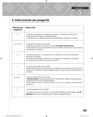 Unidad 7
197
Unidad 7
2. Instrucciones por pregunta
Cuadernillo de evaluaciones
Número de
pregunta
Instrucción
0
1, 2, 3, 4 y 5
• Indique que lean con atención y en silencio la instrucción del ítem
antes de contestar.
• Enfatice que deben contestar con respuesta completa, comenzar
con mayúscula y terminar con punto final.
6
7 • Lea la instrucción en voz alta.
• Recuerde a los(as) estudiantes que ordenar una secuencia consiste en
escribir un número en cada imagen según el lugar que le corresponde en
el relato.
• Solicite que los(as) estudiantes escriban su nombre al inicio de la
evaluación en el lugar correspondiente.
• Muestre con su dedo el espacio donde deben escribir el nombre.
8, 9 y 10 • Lea la instrucción en voz alta.
• No lea el texto, tampoco preguntas ni alternativas, deben hacerlo los(as)
estudiantes en forma independiente.
• Recuerde en qué consiste marcar con una X (equis) la alternativa
correcta.
11 • Lea la pregunta en voz alta.
• Lea la instrucción en voz alta.
• Indique que lean en silencio el texto El volantín de Florencia.
• Recuerde a los(as) estudiantes en qué consiste marcar con una X (equis)
la alternativa correcta.
• Enfatice en que la oración o frase debe referirse a la imagen, no dé
ejemplos para que realmente sea escritura independiente.
MATERIAL COMPLEMENTARIO-p.indb 197 09-05-19 5:28 p.m.
 