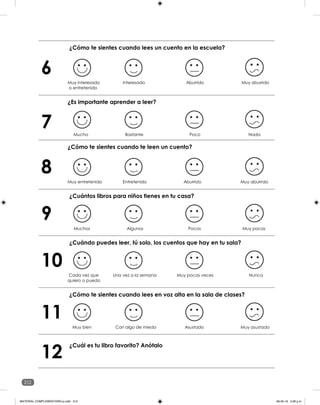 6
¿Cómo te sientes cuando lees un cuento en la escuela?
Muy interesado Interesado Aburrido Muy aburrido
o entretenido
7
¿Es importante aprender a leer?
Mucho Bastante Poco Nada
8
¿Cómo te sientes cuando te leen un cuento?
Muy entretenido Entretenido Aburrido Muy aburrido
9
¿Cuántos libros para niños tienes en tu casa?
Muchos Algunos Pocos Muy pocos
10
¿Cuándo puedes leer, tú solo, los cuentos que hay en tu sala?
Cada vez que Una vez a la semana Muy pocas veces Nunca
quiero o puedo
11
¿Cómo te sientes cuando lees en voz alta en la sala de clases?
Muy bien Con algo de miedo Asustado Muy asustado
12
¿Cuál es tu libro favorito? Anótalo
212
MATERIAL COMPLEMENTARIO-p.indb 212 09-05-19 5:28 p.m.
 