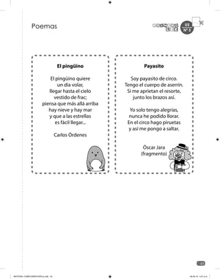 U5
43
Poemas
El pingüino
El pingüino quiere
un día volar,
llegar hasta el cielo
vestido de frac;
piensa que más allá arriba
hay nieve y hay mar
y que a las estrellas
es fácil llegar...
Carlos Órdenes
Payasito
Soy payasito de circo.
Tengo el cuerpo de aserrín.
Si me aprietan el resorte,
junto los brazos así.
Yo solo tengo alegrías,
nunca he podido llorar.
En el circo hago piruetas
y así me pongo a saltar.
Óscar Jara
(fragmento)
Nº 5
MATERIAL COMPLEMENTARIO-p.indb 43 09-05-19 5:27 p.m.
 