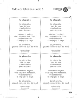 U5
61
La jaiba rojita
La jaiba rojita
sale del mar
camina lento
pero sin parar.
En la arena mojada
deja sus patas marcadas.
Una ola la moja
la empuja y la aleja.
La jaiba rojita,
¿estará contenta lejos del mar?
Material Lemalín
(adaptación)
La jaiba rojita
La jaiba rojita
sale del mar
camina lento
pero sin parar.
En la arena mojada
deja sus patas marcadas.
Una ola la moja
la empuja y la aleja.
La jaiba rojita,
¿estará contenta lejos del mar?
Material Lemalín
(adaptación)
La jaiba rojita
La jaiba rojita
sale del mar
camina lento
pero sin parar.
En la arena mojada
deja sus patas marcadas.
Una ola la moja
la empuja y la aleja.
La jaiba rojita,
¿estará contenta lejos del mar?
Material Lemalín
(adaptación)
La jaiba rojita
La jaiba rojita
sale del mar
camina lento
pero sin parar.
En la arena mojada
deja sus patas marcadas.
Una ola la moja
la empuja y la aleja.
La jaiba rojita,
¿estará contenta lejos del mar?
Material Lemalín
(adaptación)
Texto con letras en estudio 3 Nº 10
MATERIAL COMPLEMENTARIO-p.indb 61 09-05-19 5:27 p.m.
 