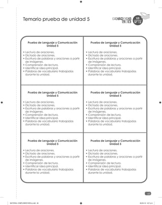 U5
65
Prueba de Lenguaje y Comunicación
Unidad 5
• Lectura de oraciones.
• Dictado de oraciones.
• Escritura de palabras y oraciones a partir
de imágenes.
• Comprensión de lectura.
• Identificar idea principal.
• Palabras de vocabulario trabajadas
durante la unidad.
Prueba de Lenguaje y Comunicación
Unidad 5
• Lectura de oraciones.
• Dictado de oraciones.
• Escritura de palabras y oraciones a partir
de imágenes.
• Comprensión de lectura.
• Identificar idea principal.
• Palabras de vocabulario trabajadas
durante la unidad.
Prueba de Lenguaje y Comunicación
Unidad 5
• Lectura de oraciones.
• Dictado de oraciones.
• Escritura de palabras y oraciones a partir
de imágenes.
• Comprensión de lectura.
• Identificar idea principal.
• Palabras de vocabulario trabajadas
durante la unidad.
Prueba de Lenguaje y Comunicación
Unidad 5
• Lectura de oraciones.
• Dictado de oraciones.
• Escritura de palabras y oraciones a partir
de imágenes.
• Comprensión de lectura.
• Identificar idea principal.
• Palabras de vocabulario trabajadas
durante la unidad.
Prueba de Lenguaje y Comunicación
Unidad 5
• Lectura de oraciones.
• Dictado de oraciones.
• Escritura de palabras y oraciones a partir
de imágenes.
• Comprensión de lectura.
• Identificar idea principal.
• Palabras de vocabulario trabajadas
durante la unidad.
Prueba de Lenguaje y Comunicación
Unidad 5
• Lectura de oraciones.
• Dictado de oraciones.
• Escritura de palabras y oraciones a partir
de imágenes.
• Comprensión de lectura.
• Identificar idea principal.
• Palabras de vocabulario trabajadas
durante la unidad.
Temario prueba de unidad 5 Nº 12
MATERIAL COMPLEMENTARIO-p.indb 65 09-05-19 5:27 p.m.
 