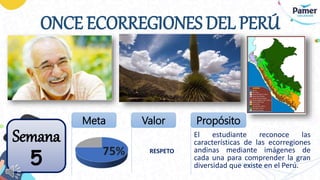 ONCE ECORREGIONES DEL PERÚ
El estudiante reconoce las
características de las ecorregiones
andinas mediante imágenes de
cada una para comprender la gran
diversidad que existe en el Perú.
RESPETO
Semana
5
Meta Valor Propósito
 