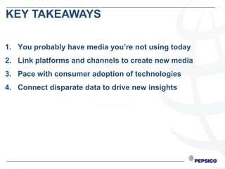 Here’s TAKEAWAYS
KEY an example of a
differentiated insight


1. You probably have media you’re not using today
2. Link platforms and channels to create new media
3. Pace with consumer adoption of technologies
4. Connect disparate data to drive new insights
 