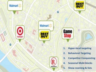 Are you doing any of the following?




                                      1.   Hyper-local targeting
                                      2.   Behavioral Targeting
                                      3.   Competitor Conquesting
                                      4.   Seasonal Mobi-blocks
                                      5.   Show-rooming & lists
 