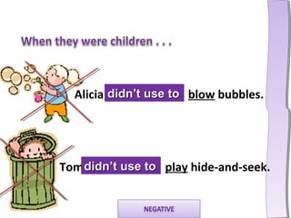 Alicia didn’t use to blow bubbles.




Tom didn’t use to play hide-and-seek.
             l
 