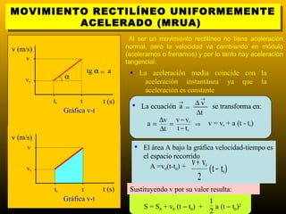 MOVIMIENTO RECTILÍNEO UNIFORMEMENTE
MOVIMIENTO RECTILÍNEO UNIFORMEMENTE
          2
                                 Física y Química

     7   ACELERADO (MRUA)
         ACELERADO (MRUA)
                              1º BACHILLERATO


                                           Al ser un movimiento rectilíneo no tiene aceleración
v (m/s)                                   normal, pero la velocidad va cambiando en módulo
                                          (aceleramos o frenamos) y por lo tanto hay aceleración
     v
                                          tangencial.
                             tg α = a      •    La aceleración media coincide con la
    v0             α
                                                  aceleración instantánea ya que la
                                                  aceleración es constante
                                                                       →
              t0         t        t (s)     • La ecuación a = ∆ v se transforma en:
                                                              →
                   Gráfica v-t                                ∆t
                                                    ∆v v − v
                                                a=     =      ⇒ v = v + a (t - t )
                                                                  0

                                                    ∆t   t−t
                                                                                  0         0
                                                                  0

v (m/s)
     v                                         • El área A bajo la gráfica velocidad-tiempo es
                                                  el espacio recorrido
     v0                                              A =v0(t-t0) + v + v0   (t − t )
                                                                                  0
                                                                      2
              t0         t        t (s)    Sustituyendo v por su valor resulta:
                   Gráfica v-t                                              1
                                                                            13
                                                  S = S0 + v0 (t − t0) +      a (t − t0)2
                                                                            2
 