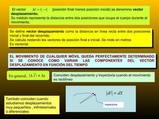   
    El vector  ∆r = r2 − r1 (posición final menos posición inicial) se denomina vector
   desplazamiento.
   Su módulo representa la distancia entre dos posiciones que ocupa el cuerpo durante el
   movimiento.

  Se define vector desplazamiento como la distancia en línea recta entre dos posiciones
   Se define vector desplazamiento como la distancia en línea recta entre dos posiciones
  inicial yyfinal del recorrido.
   inicial final del recorrido.
  Se calcula restando los vectores de posición final eeinicial. Se mide en metros
   Se calcula restando los vectores de posición final inicial. Se mide en metros
  Es vectorial.
   Es vectorial.


  EL MOVIMIENTO DE CUALQUIER MÓVIL QUEDA PERFECTAMENTE DETERMINADO
   EL MOVIMIENTO DE CUALQUIER MÓVIL QUEDA PERFECTAMENTE DETERMINADO
  SI SE CONOCE COMO VARIAN LAS COMPONENTES DEL VECTOR
   SI SE CONOCE COMO VARIAN LAS COMPONENTES DEL VECTOR
  DESPLAZAMIENTO EN FUNCIÓN DEL TIEMPO
   DESPLAZAMIENTO EN FUNCIÓN DEL TIEMPO
                 →
 En general, | ∆ r | ≠ ∆s     Coinciden desplazamiento y trayectoria cuando el movimiento
                              es rectilíneo


                                                                
                                                               dr = dS
También coinciden cuando
estudiamos desplazamientos                                   trayectoria
muy pequeñitos , infinitesimales
o diferenciales:                                                      5
 