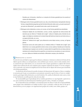 Semestre 1: Números y formas en el entorno                                                                 177




                                                                                                                  Educación Matemática
                -   Guiados por el docente, clasifican un conjunto de formas geométricas de acuerdo al
                    número de dimensiones.
              • Distinguen entre formas geométricas de una, dos y tres dimensiones manipulando diversas
                formas y respondiendo preguntas que les formula el docente, tales como: ¿en qué se parecen?,
                ¿en qué son diferentes?, ¿se puede formar esta a partir de esta otra?

              • Distinguen entre elementos curvos y no curvos, en las formas geométricas estudiadas:
                -   Comparan objetos de una dimensión, curvos y rectos, siguiendo las instrucciones del
                    docente que se refiere al “método de la regla”: colocar el objeto junto al borde de una
                    regla; si el objeto se mantiene en la misma línea del borde se trata de una forma recta, si
                    se separa del borde, es curvo.
                -   Utilizan el “método de la regla” para diferenciar entre lados rectos y curvos, en figuras
                    planas.
                -   Conversan acerca de cómo podría ser un método similar al “método de la regla” para
                    determinar si un cuerpo geométrico tiene caras curvas o planas. Guiados por el docente,
                    concluyen que si apoyan una cara de un cuerpo sobre la superficie de una mesa y ésta se
                    mantiene en la misma línea de la superficie, se trata de una cara plana; en caso contrario,
                    es curva. Aplican el método encontrado a diferentes cuerpos y los clasifican.


     OBSERVACIONES       AL DOCENTE

A través de esta actividad se espera que los alumnos y alumnas se interesen en observar la forma de los
objetos que los rodean, en contraposición a otros atributos que conocen, como el color, tamaño, textu-
ra, material de que están hechos, etc. La asociación entre cuerpos geométricos y objetos del entorno
implica hacer abstracción de estos atributos para comparar solamente las formas. Y en esta compara-
ción, se procede a una suerte de simplificación de las formas de los objetos del entorno para asimilarlas
a las formas geométricas.
      La distinción de las formas de acuerdo al número de dimensiones del espacio, si bien es compleja,
es necesaria, por lo que se recomienda un acercamiento sensorial en que la vista y el tacto se comple-
menten, para lograr dicha distinción a un nivel intuitivo. En cambio, la distinción entre curvo y recto
es más fácilmente accesible para los niños de esta edad.
      Es recomendable que el aprendizaje de los nombres geométricos se vaya logrando a partir de su
uso como sinónimos de denominaciones familiares para los niños, o basadas en analogías.
      En el desarrollo de las actividades se recomienda poner de relieve el valor de la responsabilidad,
tanto grupal como individual en el trabajo escolar, lo que se extiende a todas las áreas en las que se
desenvuelvan, ya sea en juegos o en organizaciones propias de la edad, como clubes, grupos, etc.


                                                                                                                        1
                                                                                                                              S E M E S T R E
 