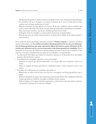Semestre 1: Números y formas en el entorno                                                           181




                                                                                                            Educación Matemática
   - Enrique puso los primeros 7 panes en el horno y le quedan 11 por cocer. ¿Cuántos panes hizo Enrique?
   - Se cosecharon 20 sacos de papas; 3 son para el consumo de la casa y el resto para la venta;
     ¿cuántos sacos de papa quedan para la venta?
   - Plantear situaciones de tipo aditivo, en el marco de las que estudiaron, que se resuelven por
     sumas o restas efectuadas con cálculo mental; pedir que determinen mentalmente el resultado.
   - Hay 12 personas sentadas y una de pie. ¿Cuántas personas hay en total?
   - Ya llegaron 10 de los invitados; en total vendrán 17 personas. ¿Cuántas faltan?
   - Plantear ejercicios de cálculo mental relativos al cálculo de los dobles de los dígitos iguales o
     menores que 5.

En la evaluación de los aprendizajes esperados asociados a Formas y espacio, es relevante considerar
aspectos relacionados con: los nombres asociados a formas geométricas de una, dos y tres dimensio-
nes, las formas geométricas que mejor representen objetos del entorno o partes del mismo, la dis-
tinción entre elementos curvos y no curvos presentes en las formas geométricas estudiadas. Para el
desarrollo de este proceso de evaluación se pueden utilizar instancias como las que se señalan a conti-
nuación, en las que es fundamental tener presente los indicadores correspondientes:
• La observación del trabajo que realizan los alumnos y alumnas en el desarrollo de las actividades
   genéricas del eje Formas y espacio.
• La realización de actividades específicas, como por ejemplo:
   - Proponer un método que permita determinar si un cuerpo dado tiene elementos curvos y no
      curvos.
   - Dado un conjunto de formas geométricas, clasificarlas según si tienen elementos curvos o no
      curvos.
• El análisis de la elaboración de un producto que puede ser:
   - Representar un objeto real (un auto, una casa, etc.) con papeles con formas geométricas que se
      pegan.
   - Elaborar, trabajando en grupo, una maqueta que represente la sala de clase, empleando diferentes
      cuerpos geométricos. Justificar el porqué se utilizaron dichos cuerpos.
   - Dado un objeto y un conjunto de formas geométricas, seleccionar la o las que mejor lo represen-
      tan. Justificar el porqué de la selección realizada.




                                                                                                                  1
                                                                                                                        S E M E S T R E
 